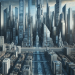 "Explore a stunning ultra-realistic depiction of a futuristic cityscape, skyscrapers soar."