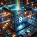 Discover quantum computing shattering Bitcoin encryption in this vivid sci-fi image.